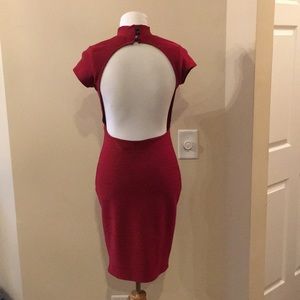 Red, mock turtle neck open back dress